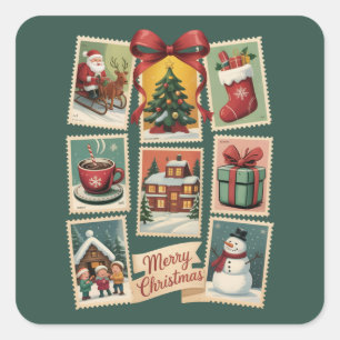 Sticker Carré Timbre de Noël Timbre-poste de vacances Rétro Père