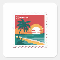 Timbre de poste rétro - Plage, Plam, Océan et couc