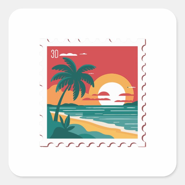 Sticker Carré Timbre de poste rétro - Plage, Plam, Océan et couc (Devant)