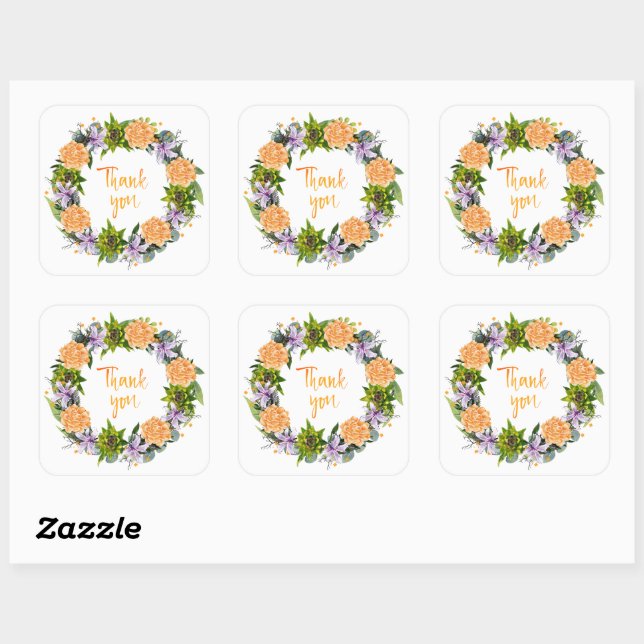 Sticker Carré Timbre de salutations de couronne florale moderne (Feuille)