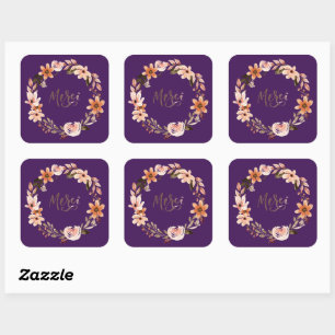 Sticker Carré Timbre de salutations de couronne florale moderne
