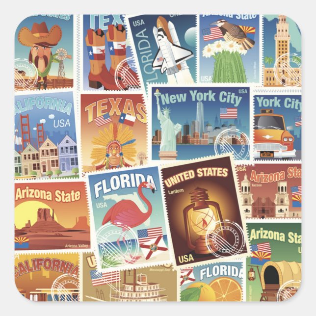 Sticker Carré Timbres De Postage Aux États-Unis (Devant)