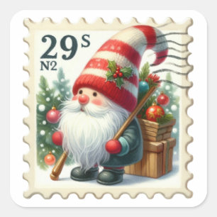 Sticker Carré Timbres de Postage de Noël Vintage Gnomes