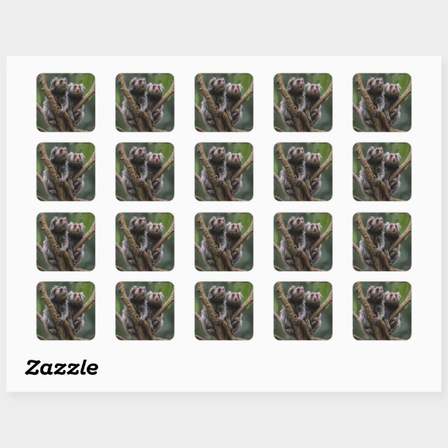 Sticker Carré Tiny Marmoset Titans Parmi les Branches, (Feuille)