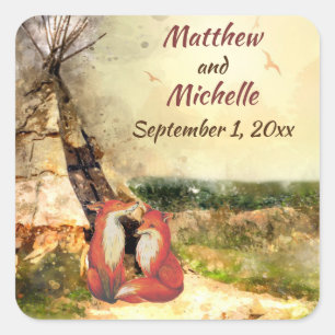 Sticker Carré Tipi Tribal personnalisé et Mariage Teepee Foxes