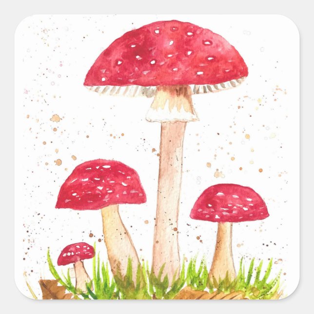 Sticker Carré Toadstool Champignons Forêt aquarelle Rouge Nature (Devant)