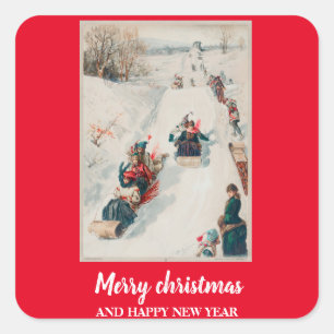Sticker Carré Tobogganing" chromolithographie- Fêtes de Noël