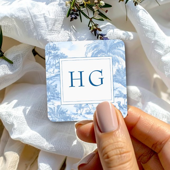 Sticker Carré Toile Bleue Côte Mariage Monogramme (Créateur téléchargé)