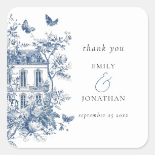 Sticker Carré Toile Bleue De Jouy Merci Mariage