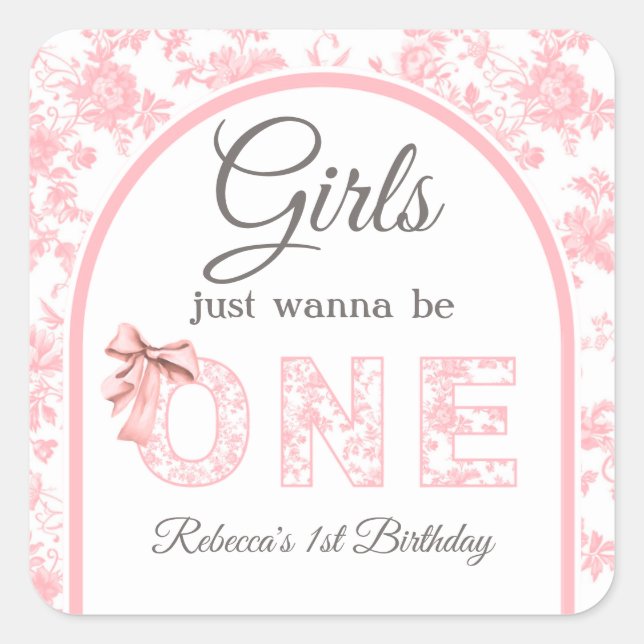 Sticker Carré Toile Coquette Pink Bow Girl 1er anniversaire (Devant)
