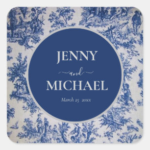 Sticker Carré Toile de Jouy Bleu Blanc Elégant Mariage