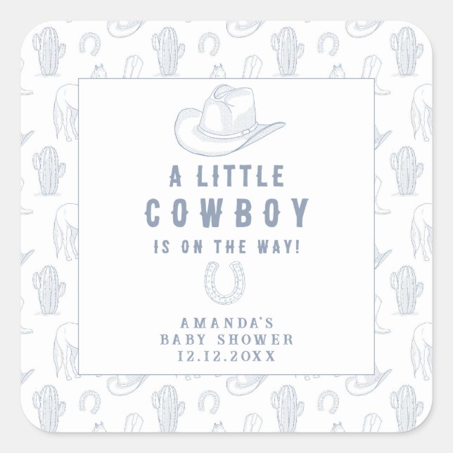 Sticker Carré Toile de Jouy Blue Cowboy Baby shower occidental (Devant)