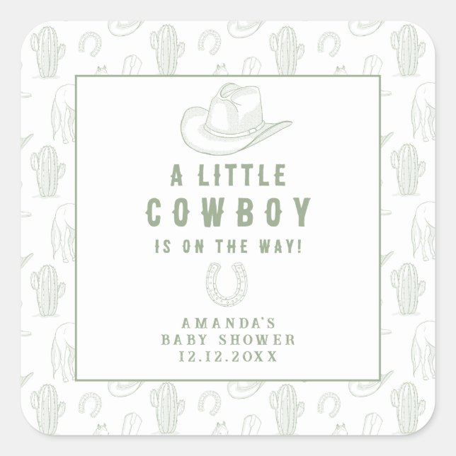 Sticker Carré Toile de Jouy Green Cowboy Baby shower occidental (Devant)