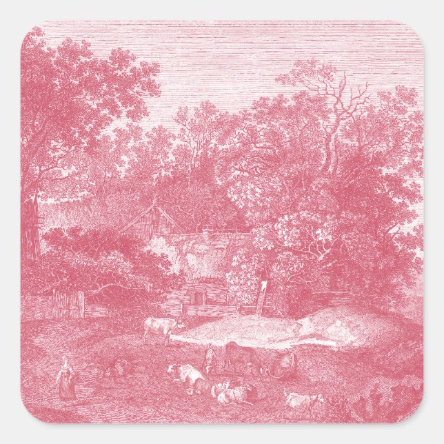 Sticker Carré Toile de Jouy Shabby Paysage pastoral rose (Devant)