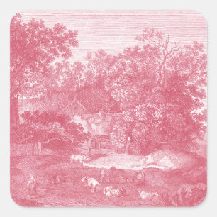 Sticker Carré Toile de Jouy Shabby Paysage pastoral rose