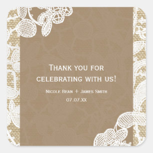 Sticker Carré Toile de jute & dentelle florale blanche Mariage r