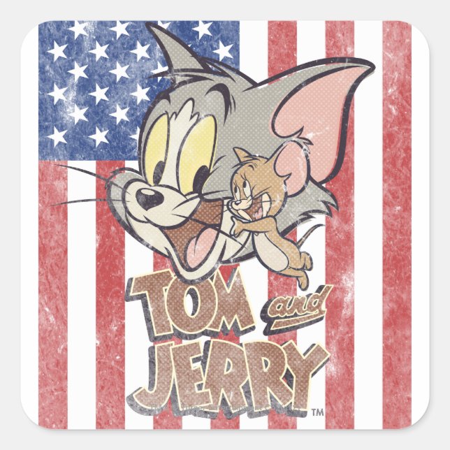 Sticker Carré Tom & Jerry avec le drapeau américain (Devant)