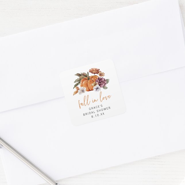 Sticker Carré Tombez amoureux, Shower de Mariée (Fall In Love Bridal Shower Pumpkin and Watercolor Florals Envelope Seal Sticker by Painted Paperie)