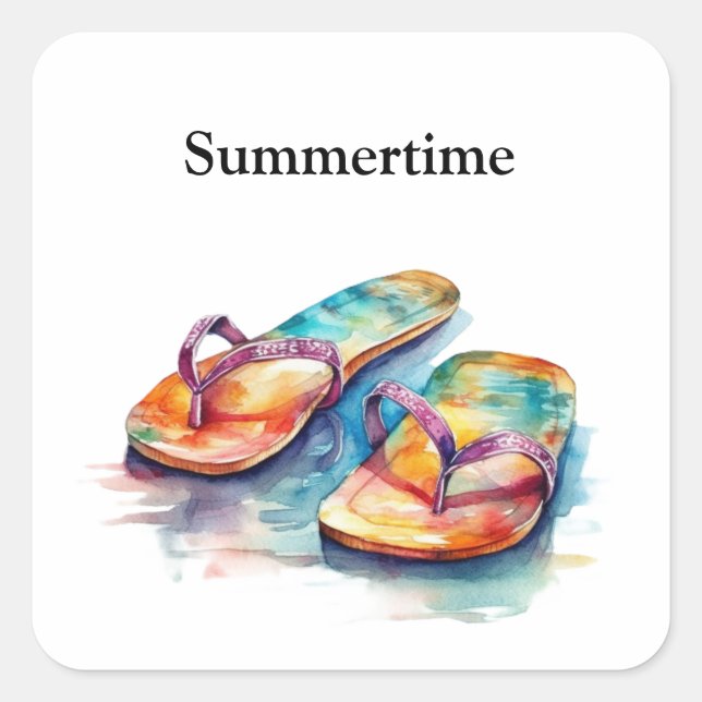 Sticker Carré tongs colorés aquarelle personnalisable (Devant)