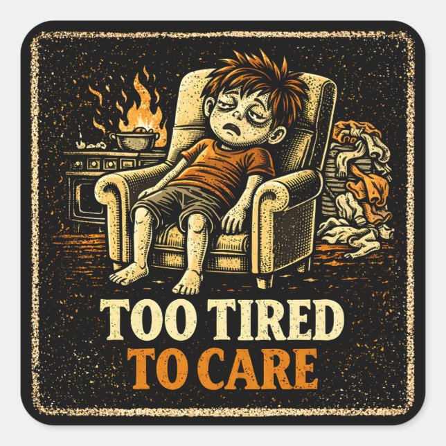 Sticker Carré Too Tired To Care – Exhausted Humor Honest (Devant)