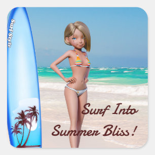 Sticker Carré Toon Surfer Girl Posing sur le bord de mer