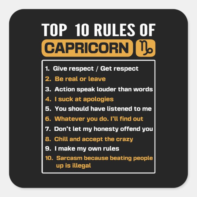 Sticker Carré Top 10 Rules Of Capricorn, Capricorn Facts Traits (Devant)