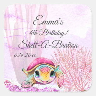 Sticker Carré Tortue 4e anniversaire, sous la mer