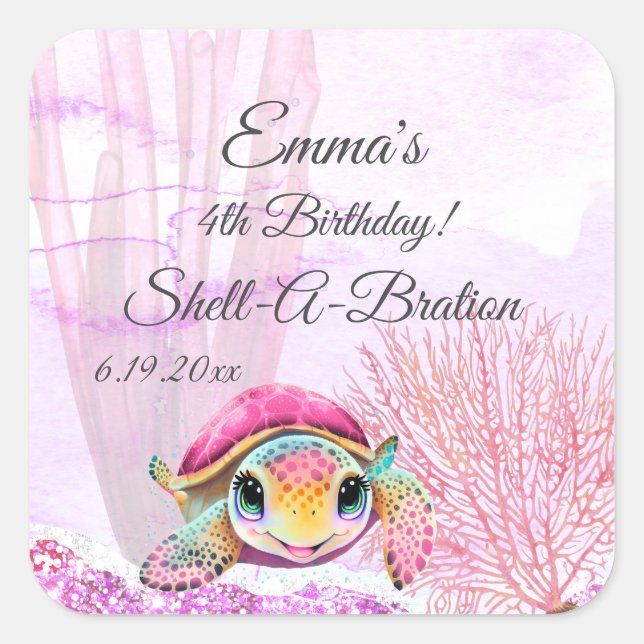 Sticker Carré Tortue 4e anniversaire, sous la mer (Devant)