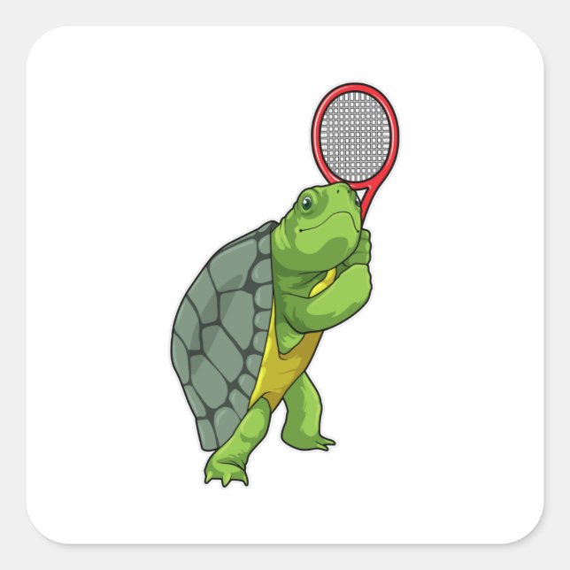 Sticker Carré Tortue au Tennis avec raquette de tennis (Devant)