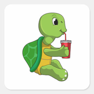 Sticker Carré Tortue avec tasse à boire avec paille