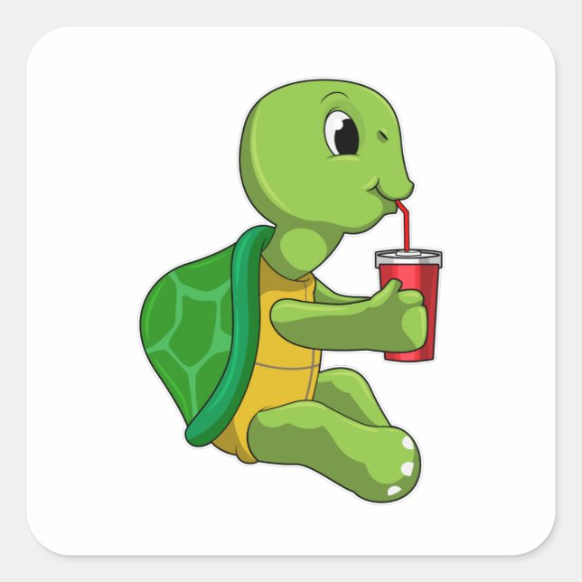 Sticker Carré Tortue avec tasse à boire avec paille (Devant)