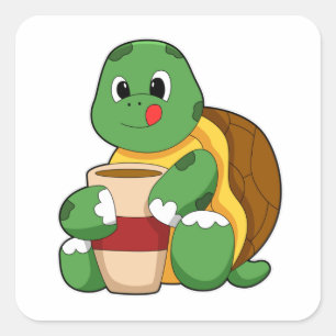 Sticker Carré Tortue avec tasse de café