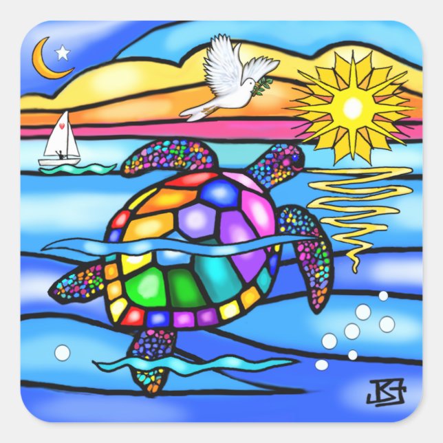Sticker Carré Tortue de mer (#8 - avec colombe) (Devant)