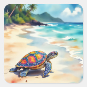 Sticker Carré Tortue de mer à l'aquarelle sur une plage