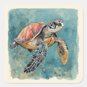 Sticker Carré Tortue de mer aquarelle