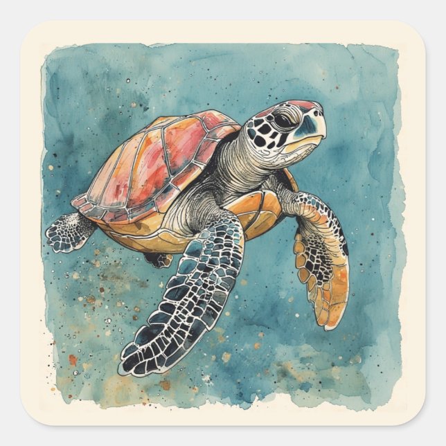 Sticker Carré Tortue de mer aquarelle (Devant)