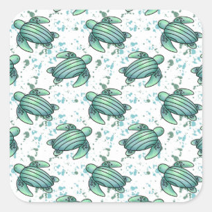 Sticker Carré tortue de mer aquarelle verte motif bleu animal