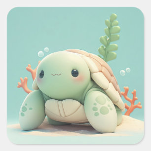 Sticker Carré Tortue de mer en pâte à modeler heureuse adorable