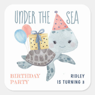 Sticker Carré Tortue de mer enfants plage anniversaire 