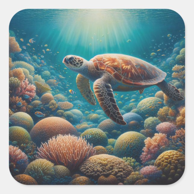 Sticker Carré Tortue de mer et corail (Devant)