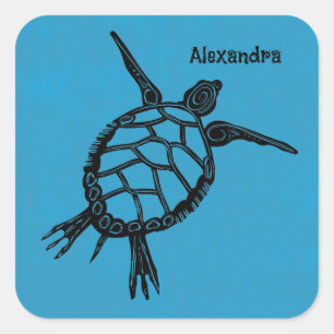 Sticker Carré Tortue de mer Gravure sur bois