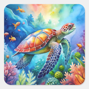 Sticker Carré Tortue de mer peinte