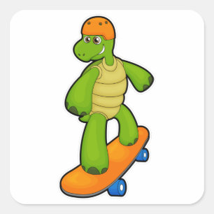Sticker Carré Tortue en Skateboard avec Skateboard & Casque