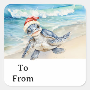 Sticker Carré Tortue SANTA à la plage pour les amoureux de la me