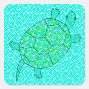 Sticker Carré Tortue tourbée arabesque - nuances de vert