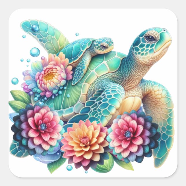 Sticker Carré Tortue Turquoise Florale (Devant)