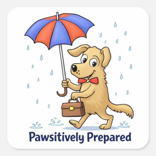 Sticker Carré Totalement prêt – Chien mignon avec parapluie (Devant)