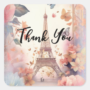 Sticker Carré Tour Eiffel Papillons et Fleurs Merci