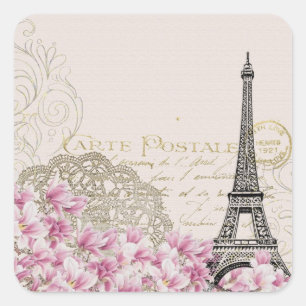 Sticker Carré Tour Eiffel Paris Carré Rose Vintage Art