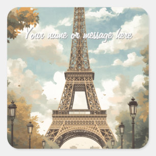 Sticker Carré Tour Eiffel Paris Voyage Art Rétro Vintage Nom